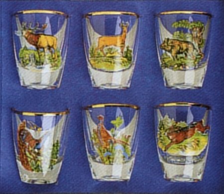 6 Piece Set Hunting Animal Shot Glasses with Gold Rim
